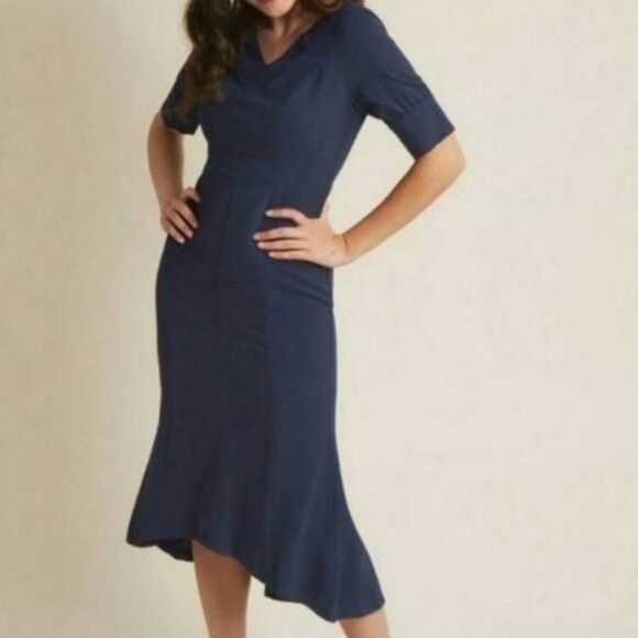 Modcloth Liza Luxe Navy Blue Fitted Wiggle Pencil Pin Up Midi Sheath Dress S - Picture 1 of 8
